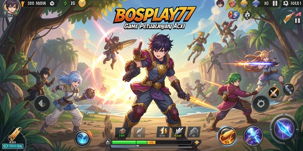 Screenshot utama gameplay BOSPLAY77 menampilkan aksi seru dan karakter Anime.