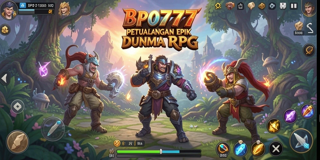 Screenshot utama BPO777 menampilkan karakter dalam pertempuran epik.